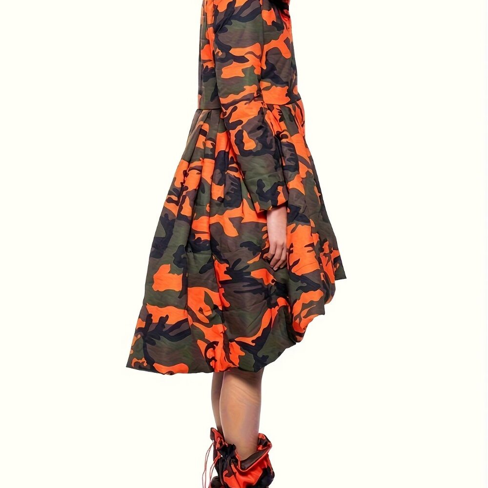Orange Camo Puffer Coat - High Collar With Cinched Waist & Asymmetric Hem - Picture 4 of 4